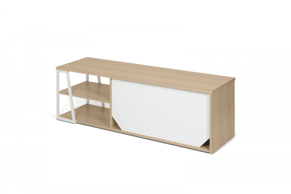 Meuble TV design ALBI finition structure chêne façade blanc mat